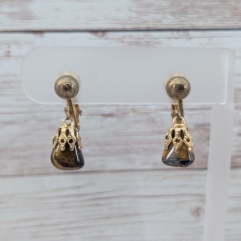 Vintage Clip On Earrings Tigers Eye? Dangle